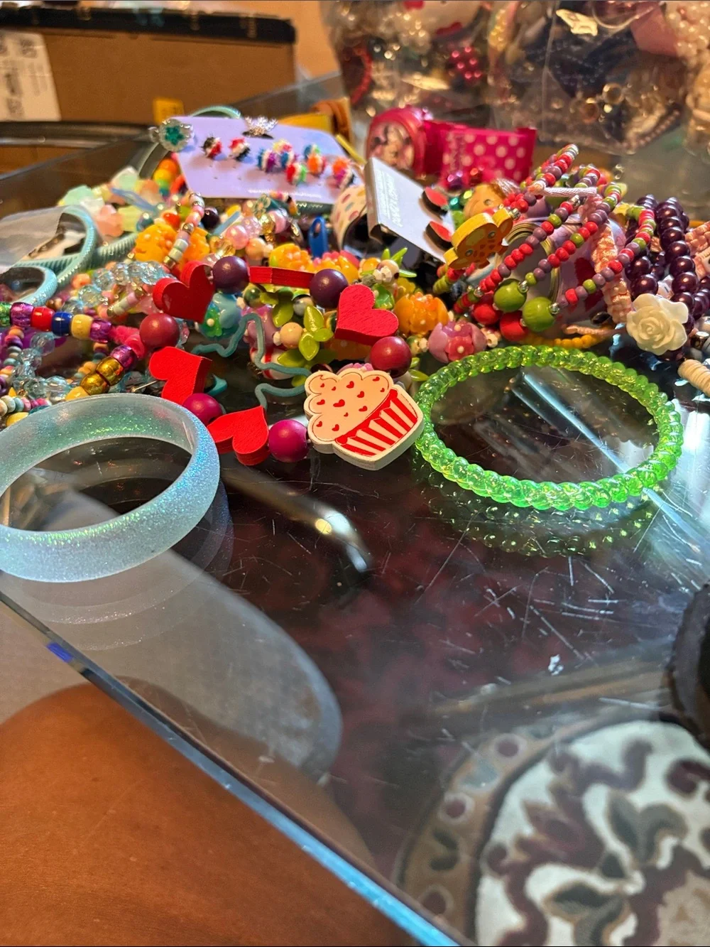 Assorted Kids Beaded Bracelets and Charm Bangles - Green, Red, Pink